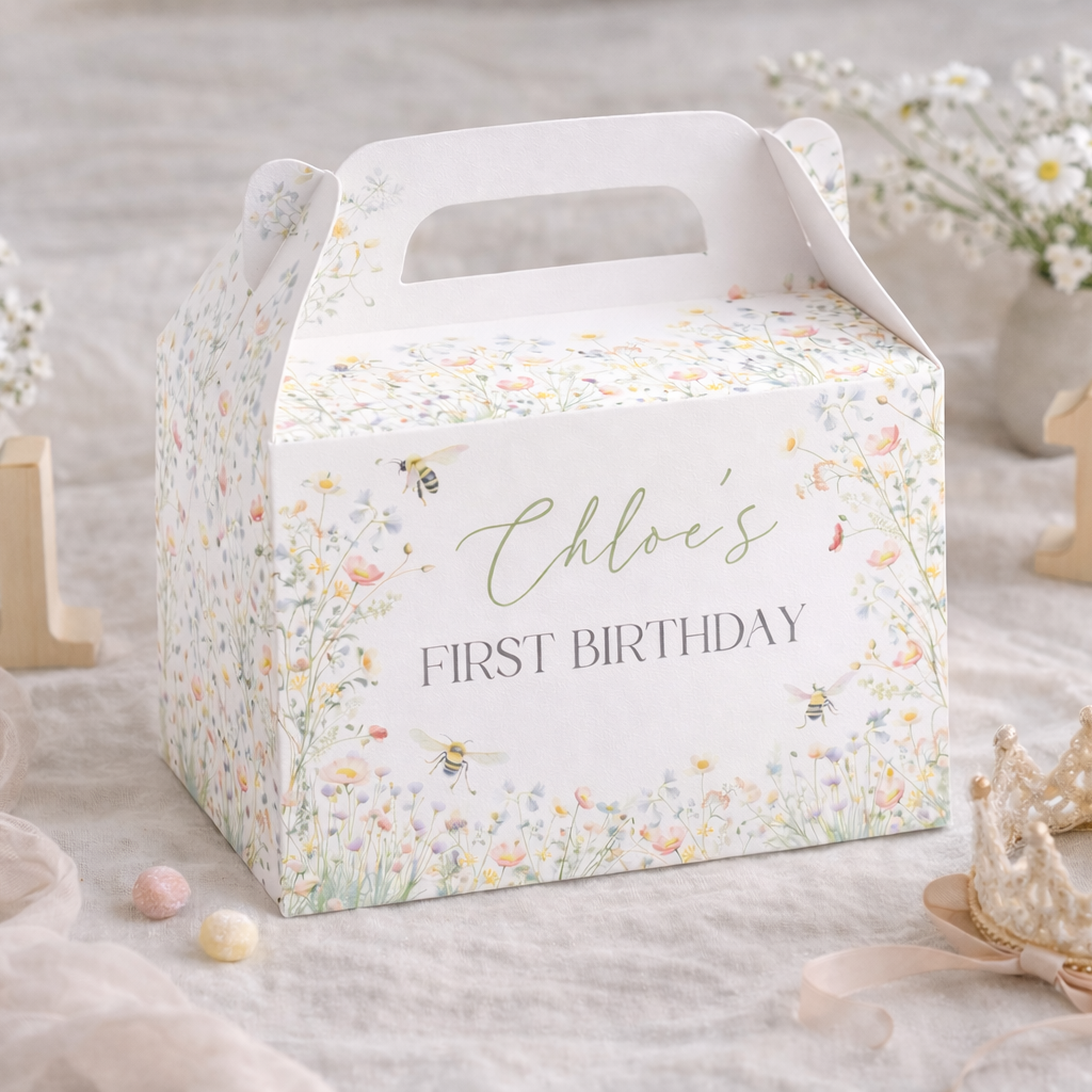 Birthday gift box with 'Chloe's First Birthday' text, surrounded by decorative items on a light surface.