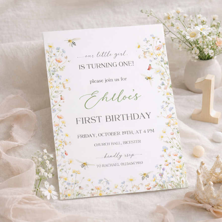 First birthday invitation card with floral design on a soft fabric background