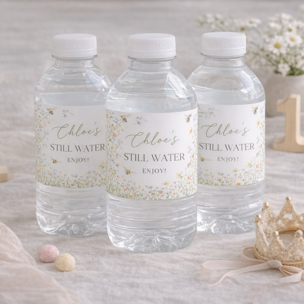 Three water bottles with personalized labels on a neutral background with decorative elements.