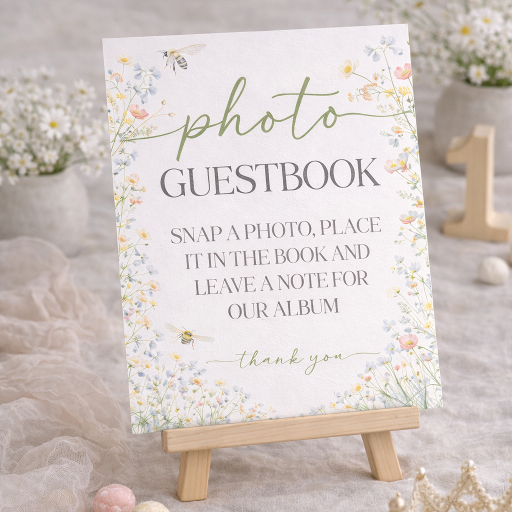 Photo guestbook sign with floral design on a wooden easel.
