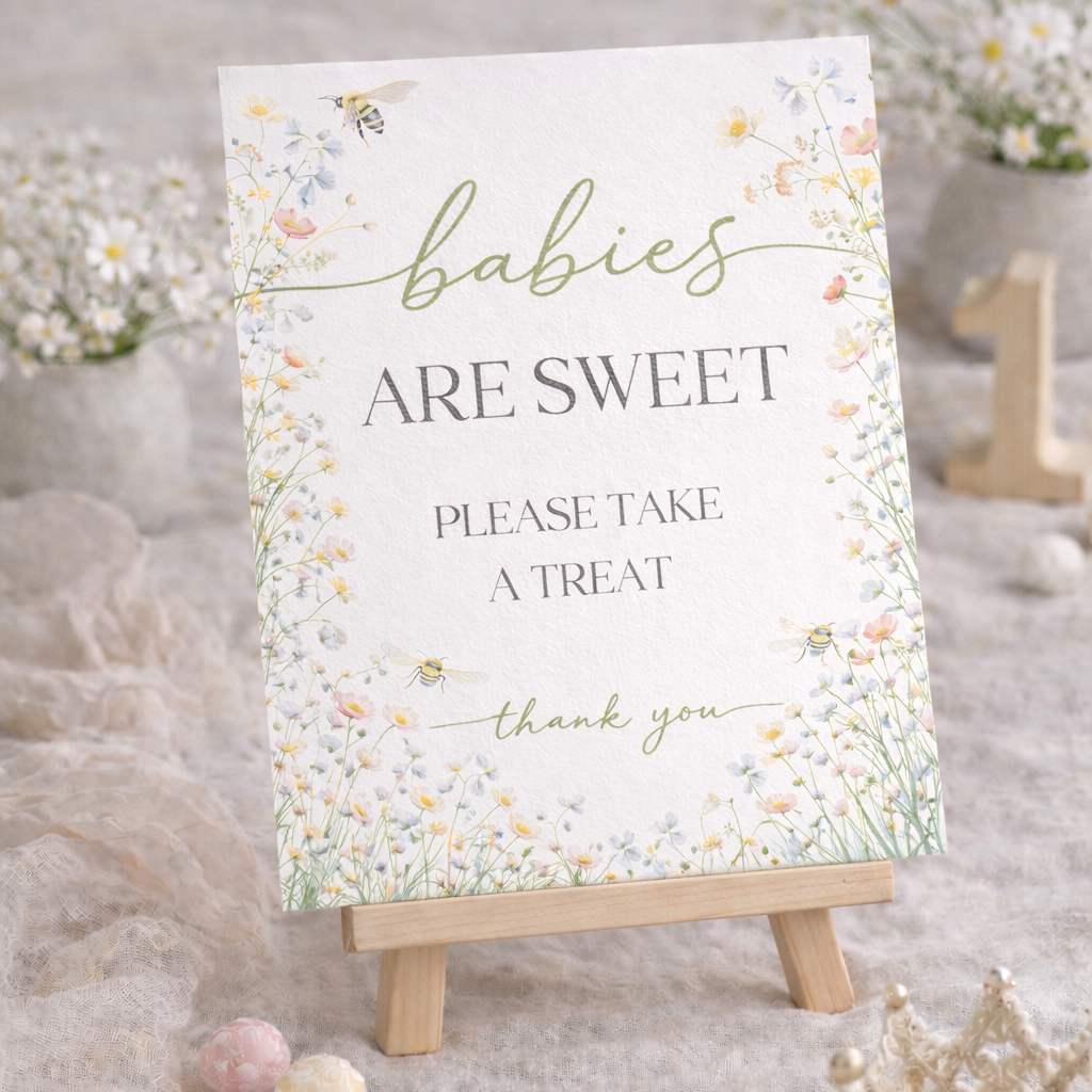 Decorative sign on a small easel with floral design and text, placed on a textured surface.