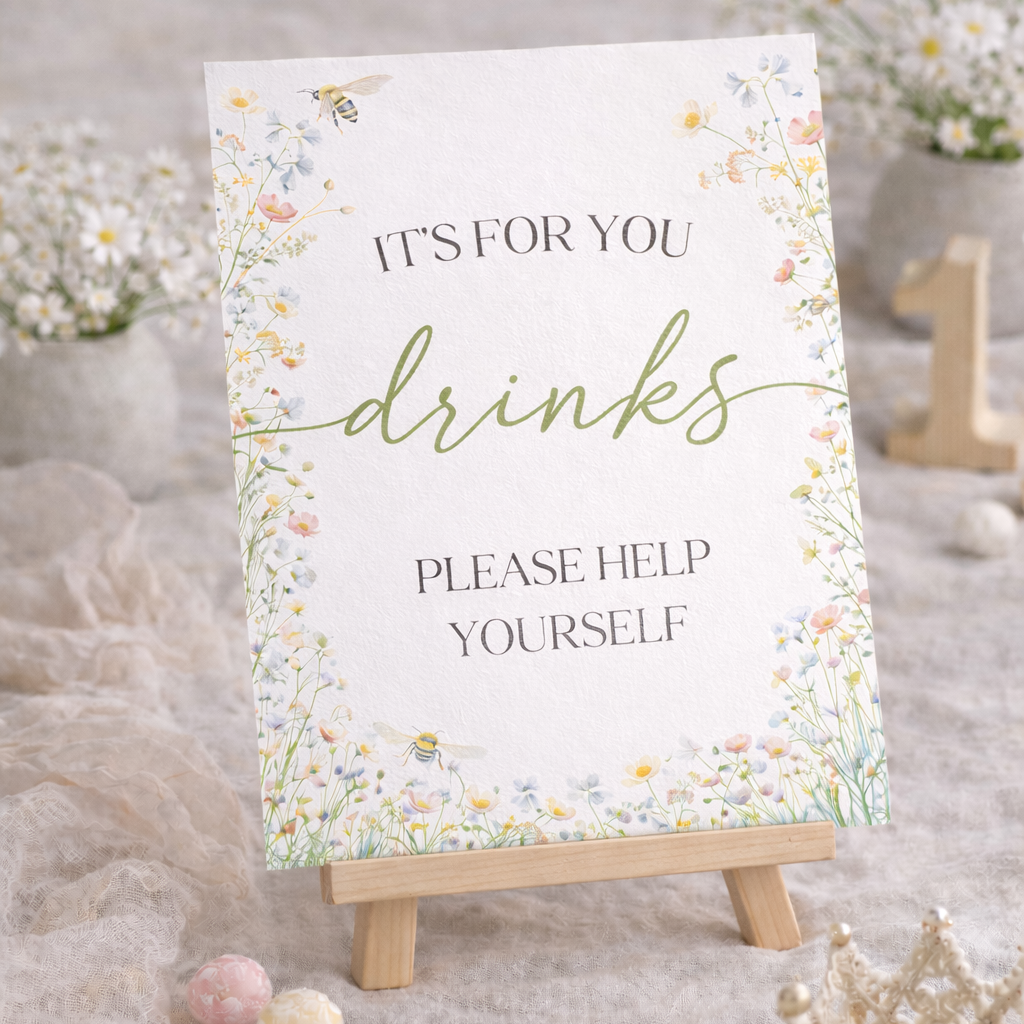 Decorative sign on a stand with floral design and text, placed on a textured surface with decorative items.