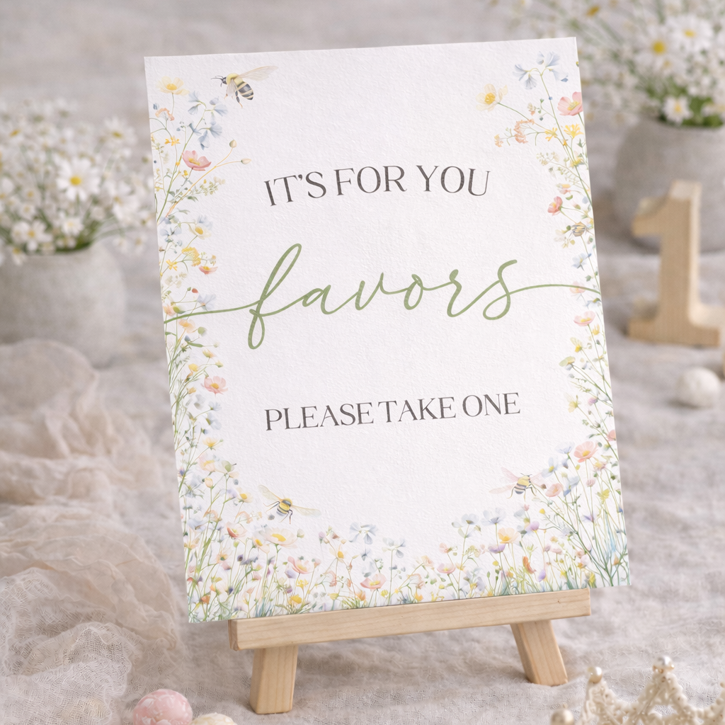 Decorative sign with floral design and text on a small easel.