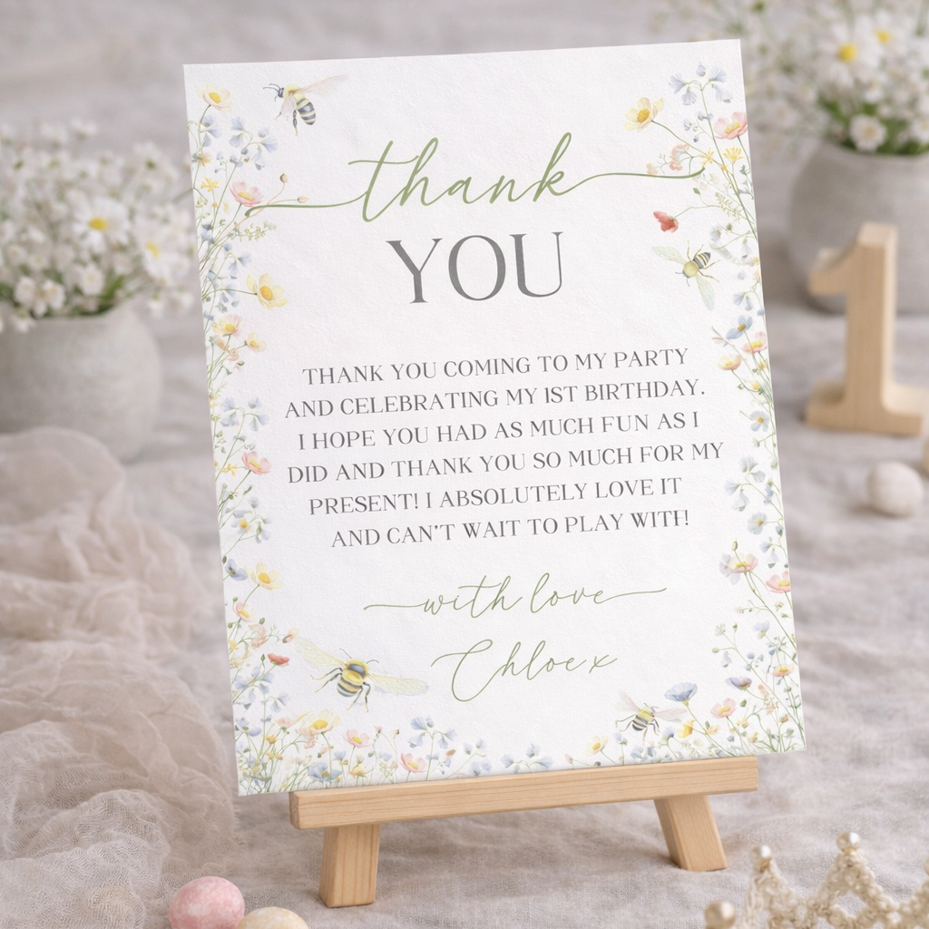 Thank you card for a birthday party with decorative elements on a gray surface.