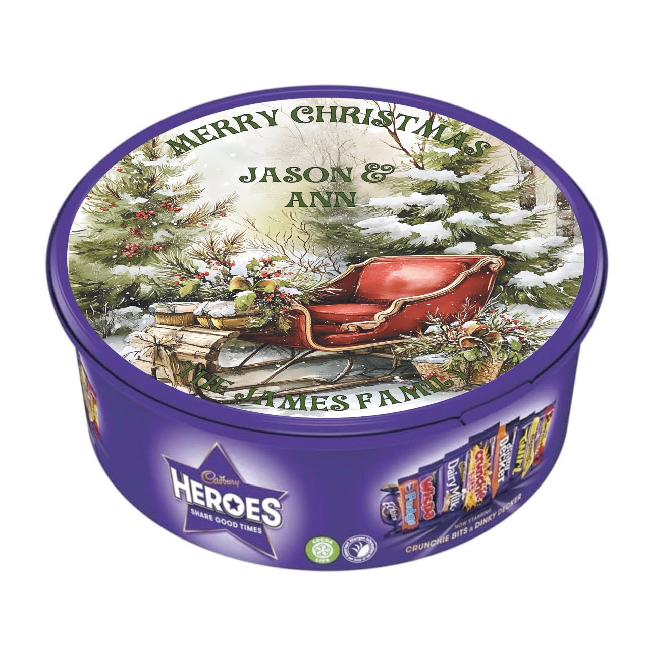 Personalised Full Lid Stickers for Chocolate Tubs (Heroes / Celebrations 600g)