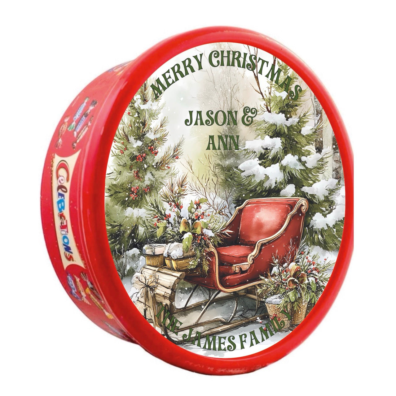 Personalised Full Lid Stickers for Chocolate Tubs (Heroes / Celebrations 600g)