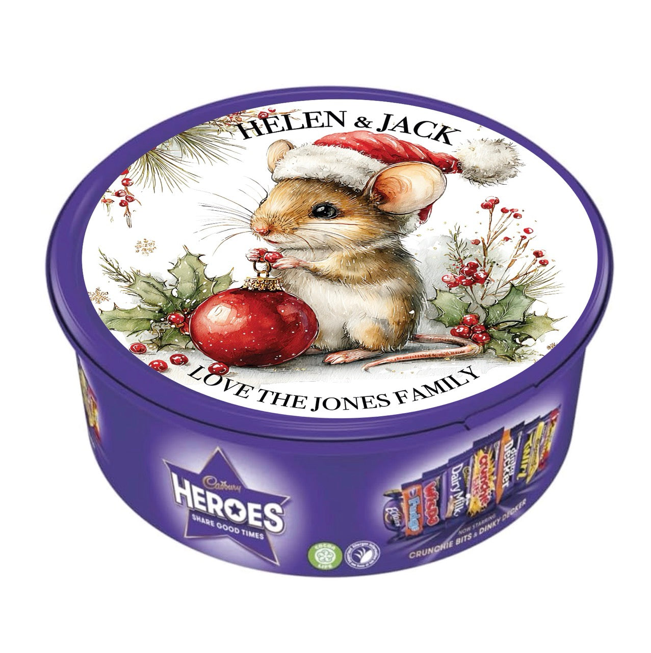 Personalised Full Lid Stickers for Chocolate Tubs (Heroes / Celebrations 600g)