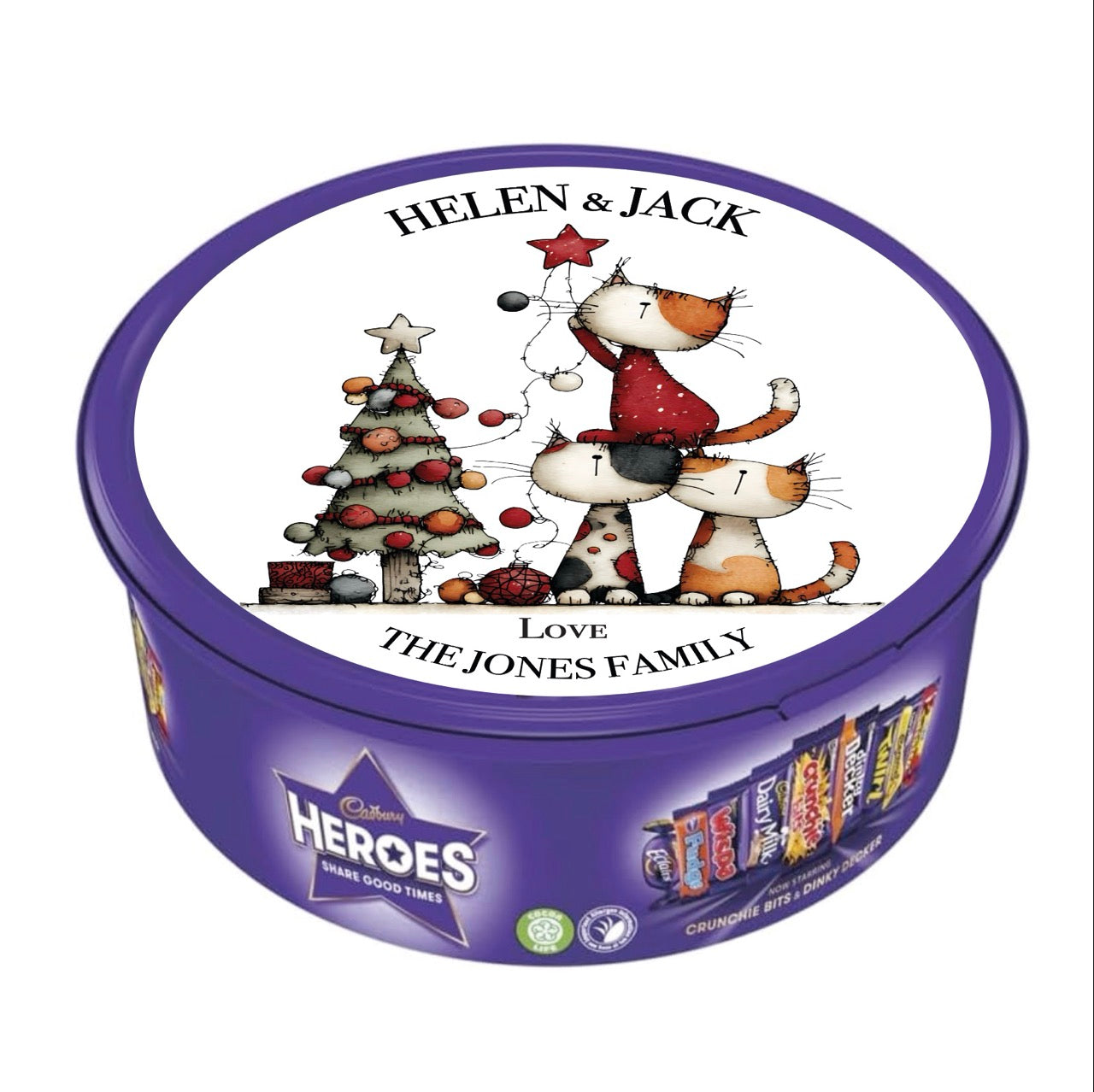 Personalised Full Lid Stickers for Chocolate Tubs (Heroes / Celebrations 600g)
