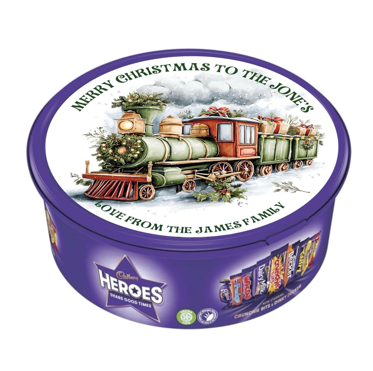 Personalised Full Lid Stickers for Chocolate Tubs (Heroes / Celebrations 600g)