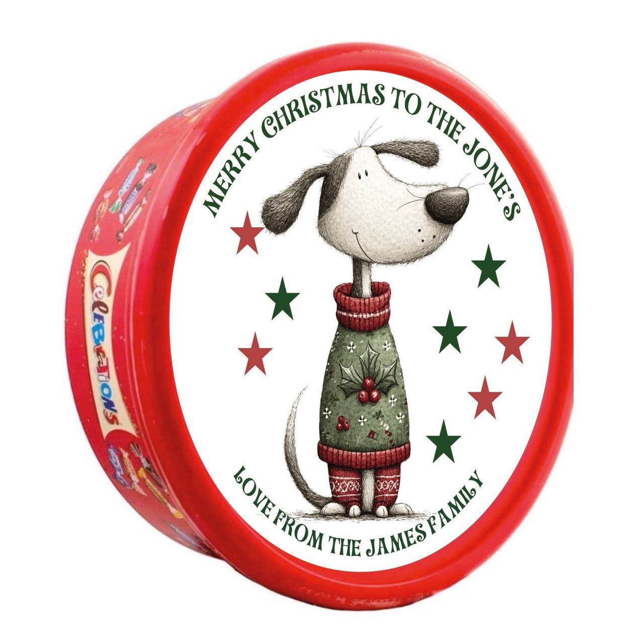 Personalised Full Lid Stickers for Chocolate Tubs (Heroes / Celebrations 600g)