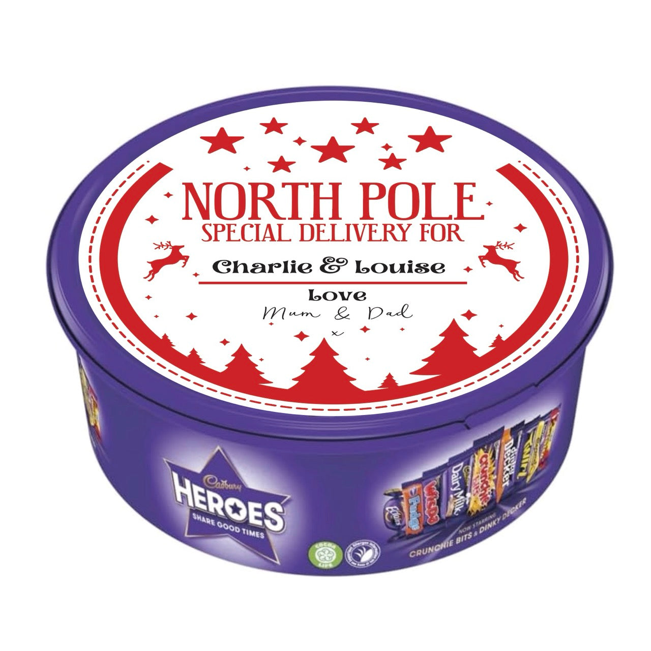 Personalised Full Lid Stickers for Chocolate Tubs (Heroes / Celebrations 600g)