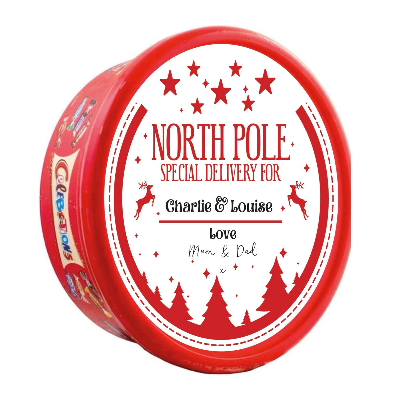 Personalised Full Lid Stickers for Chocolate Tubs (Heroes / Celebrations 600g)