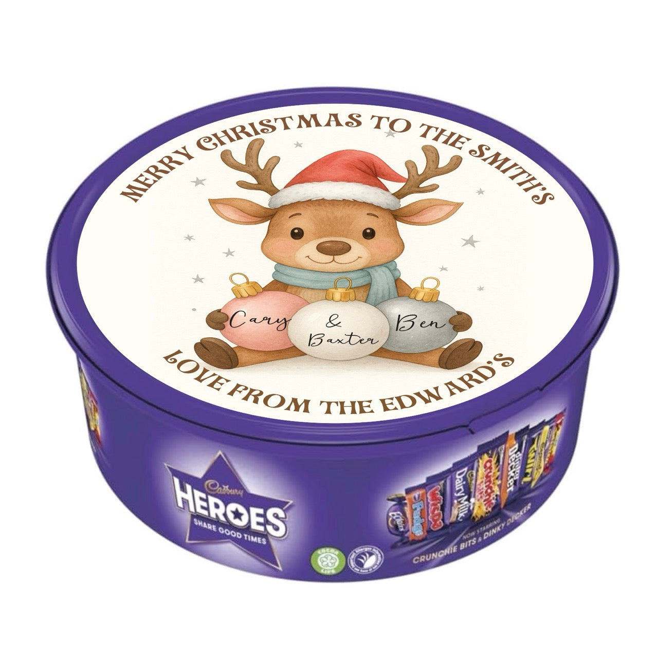 Personalised Full Lid Stickers for Chocolate Tubs (Heroes / Celebrations 600g)
