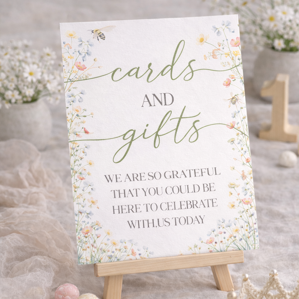 card and gift sign with floral design on a wooden easel.